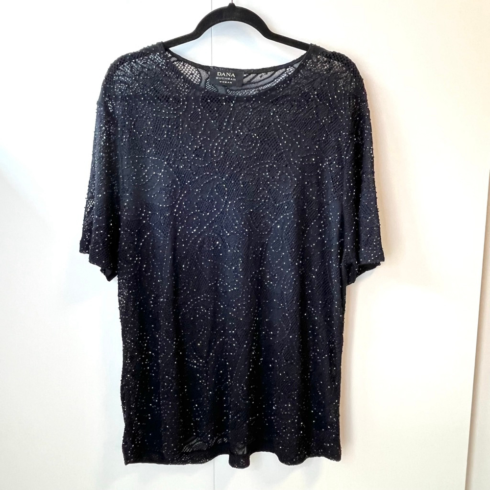 Vintage Dana Buchman Black Beaded Open Knit Top Sheer Sparkle Evening Wear L/XL - Picture 3 of 13